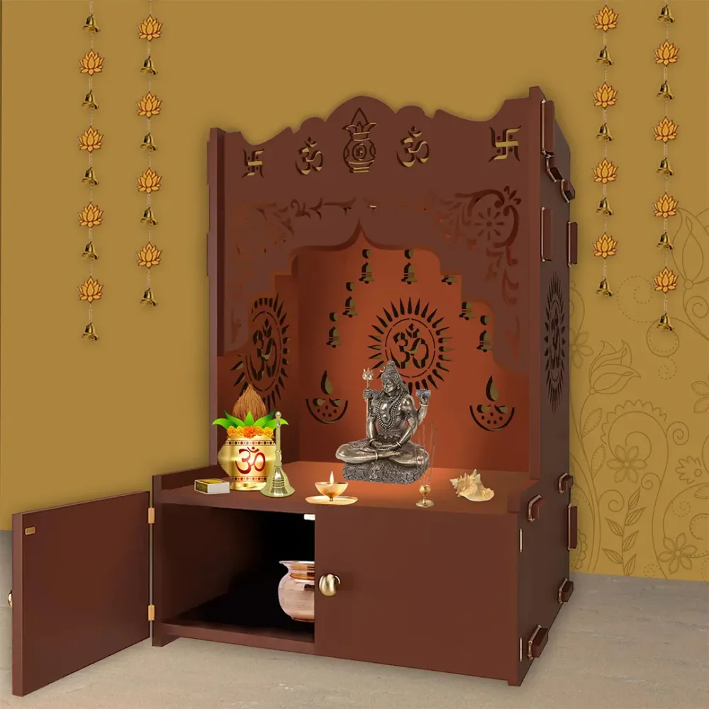 Holy Symbol Om Chakra Floor Temple With Spacious Wooden Shelf &amp; Inbuilt Focus Light- Brown Finish