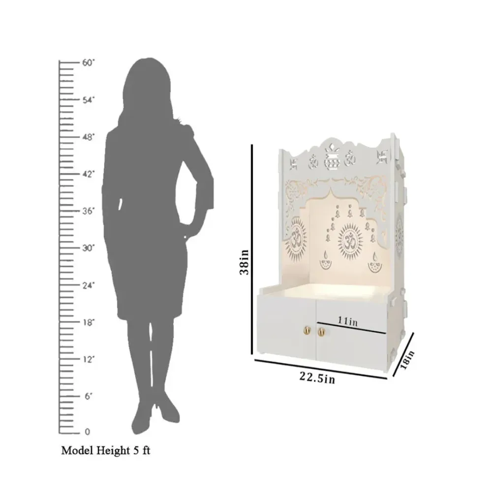 Holy Symbol Om Chakra Floor Temple With Spacious Wooden Shelf &amp; Inbuilt Focus Light- White Finish