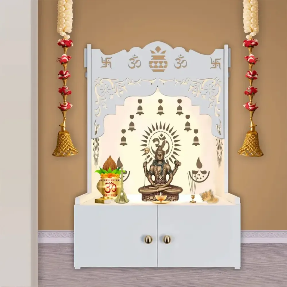 Holy Symbol Om Chakra Floor Temple With Spacious Wooden Shelf &amp; Inbuilt Focus Light- White Finish