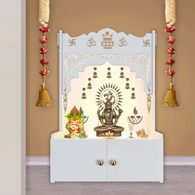 Holy Symbol Om Chakra Floor Temple With Spacious Wooden Shelf &amp; Inbuilt Focus Light- White Finish