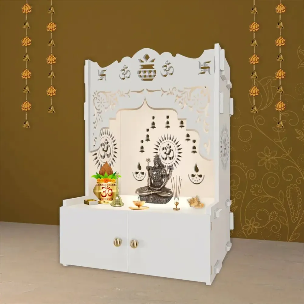 Holy Symbol Om Chakra Floor Temple With Spacious Wooden Shelf &amp; Inbuilt Focus Light- White Finish