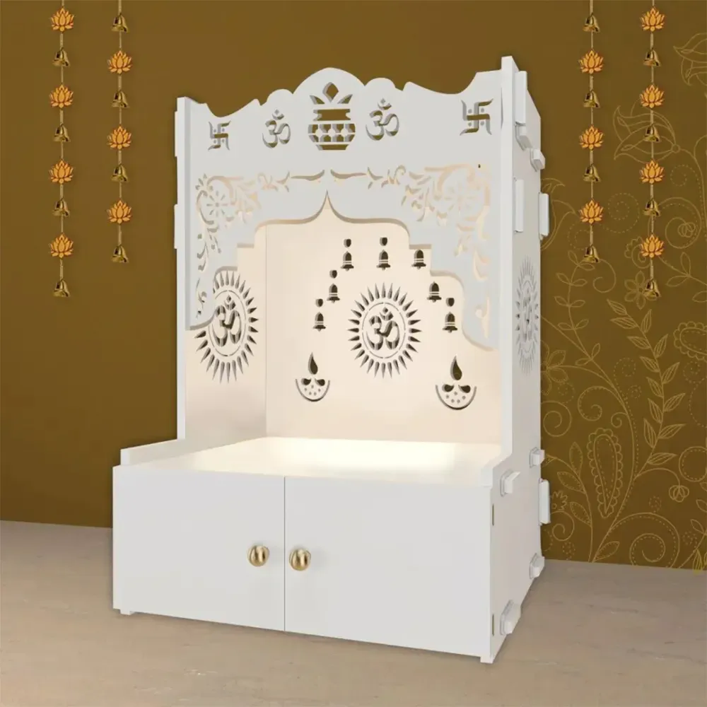 Holy Symbol Om Chakra Floor Temple With Spacious Wooden Shelf &amp; Inbuilt Focus Light- White Finish