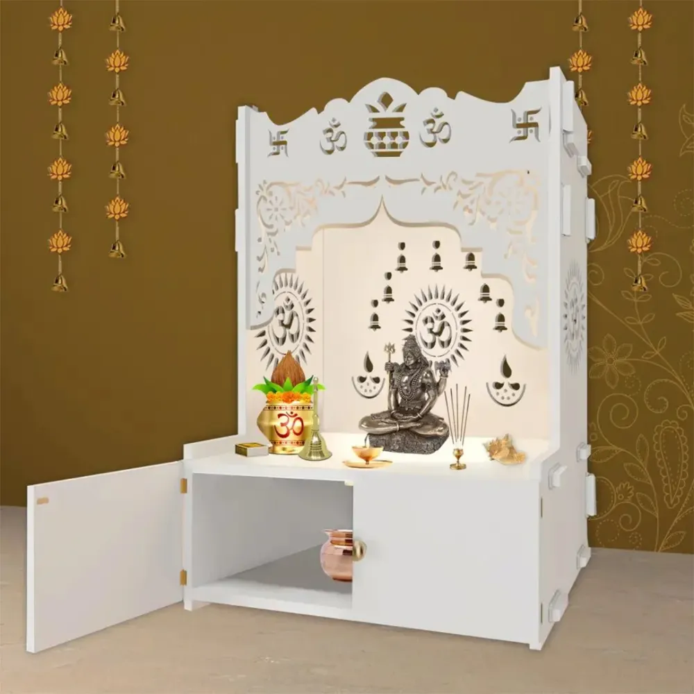 Holy Symbol Om Chakra Floor Temple With Spacious Wooden Shelf &amp; Inbuilt Focus Light- White Finish