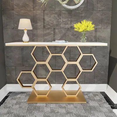 Honeycomb Motif Golden Metal Console Table