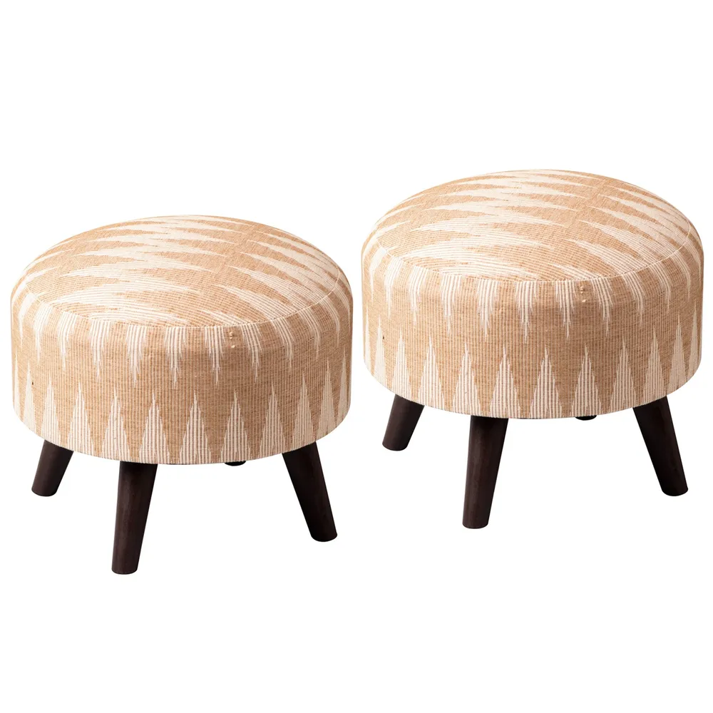Ikat Print Light Pink Peach Shade Woven Jacquard Cotton Ottoman Wood Stool Set Of 2