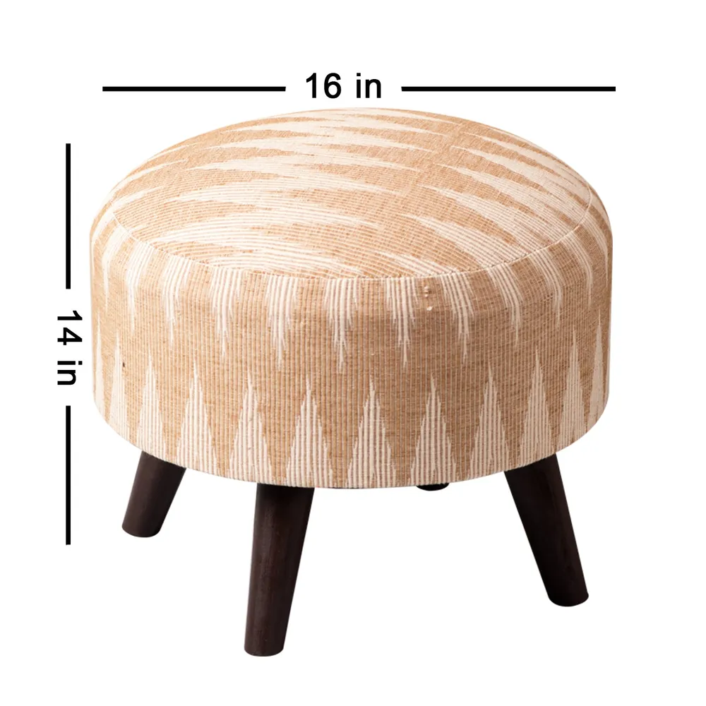 Ikat Print Light Pink Peach Shade Woven Jacquard Cotton Ottoman Wood Stool Set Of 2