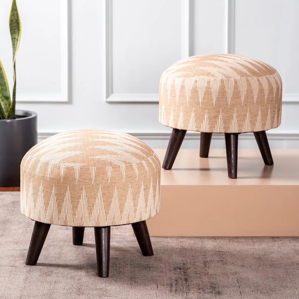Ikat Print Light Pink Peach Shade Woven Jacquard Cotton Ottoman Wood Stool Set Of 2