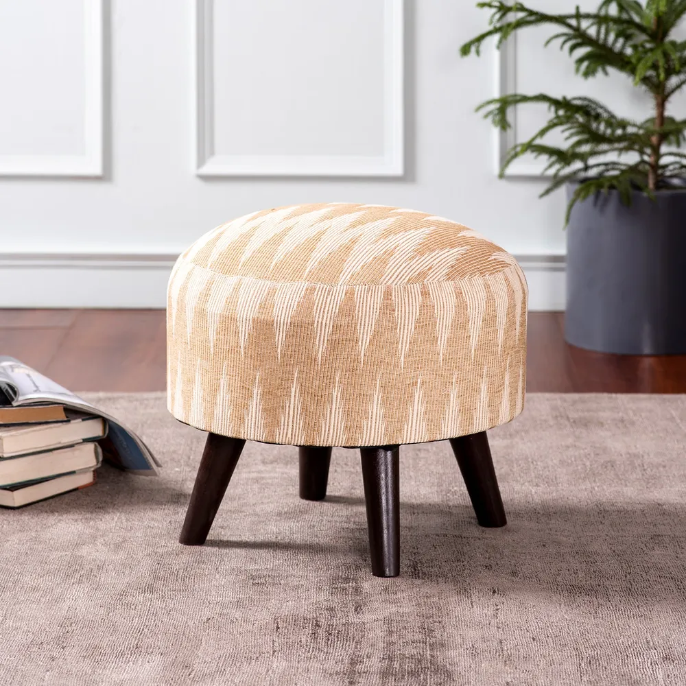 Ikat Print Light Pink Peach Shade Woven Jacquard Cotton Ottoman Wood Stool Set Of 2