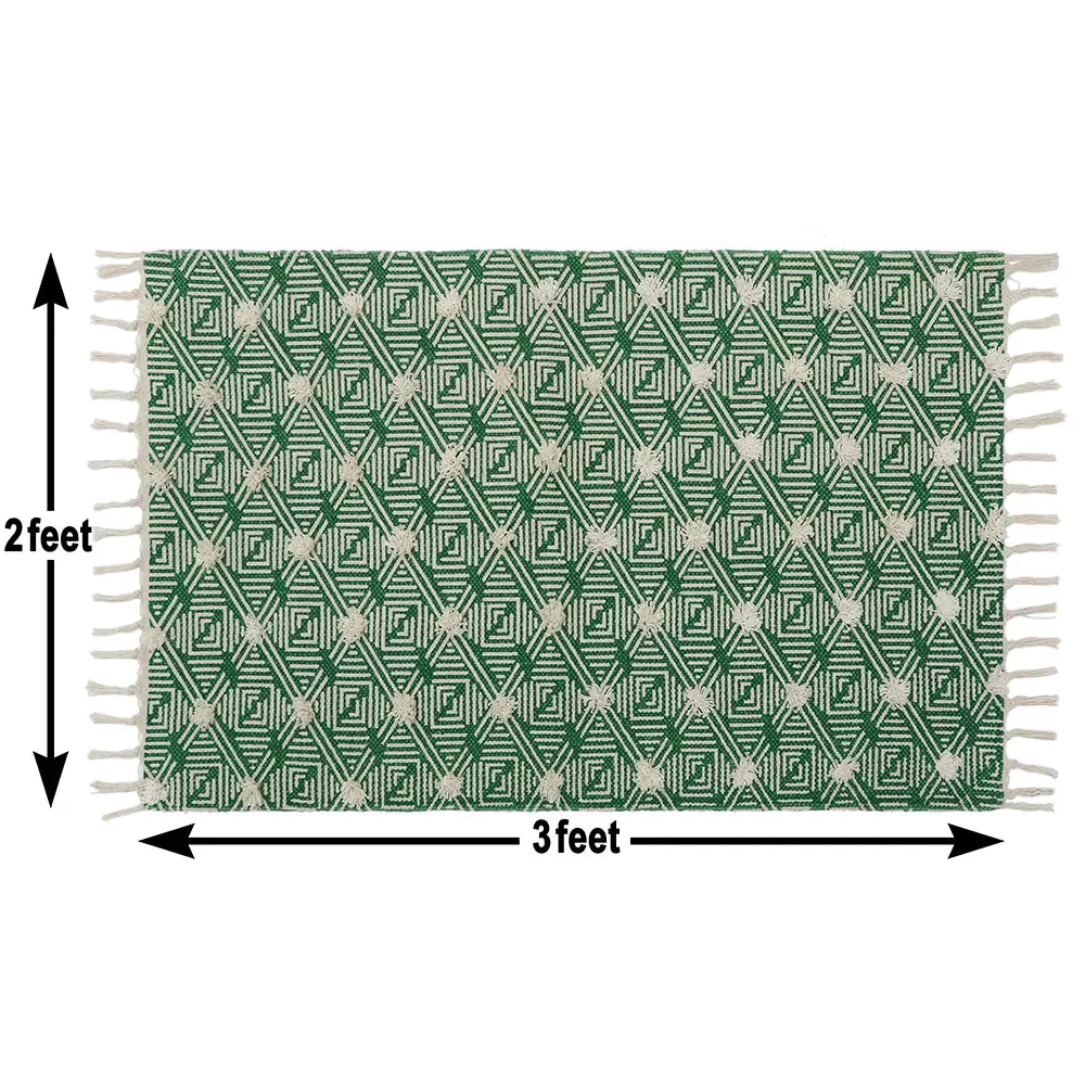 Illusive Geometrical Handmade Tufted Green 100% Cotton Non-Slip Washable Area Rug- 2x3 ft