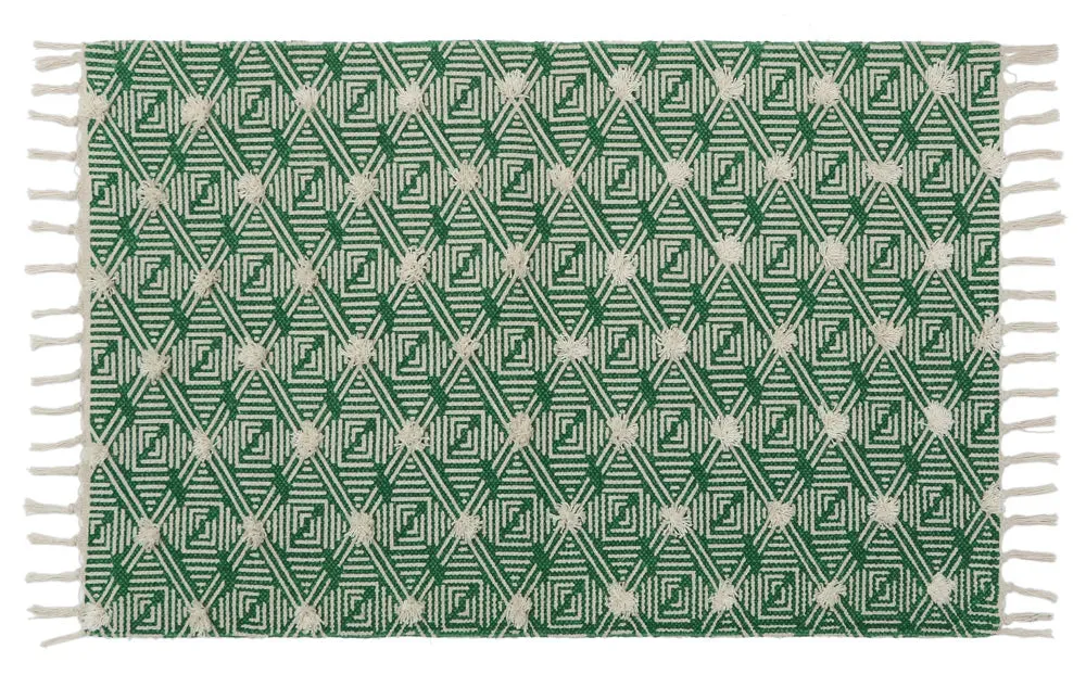 Illusive Geometrical Handmade Tufted Green 100% Cotton Non-Slip Washable Area Rug- 2x3 ft