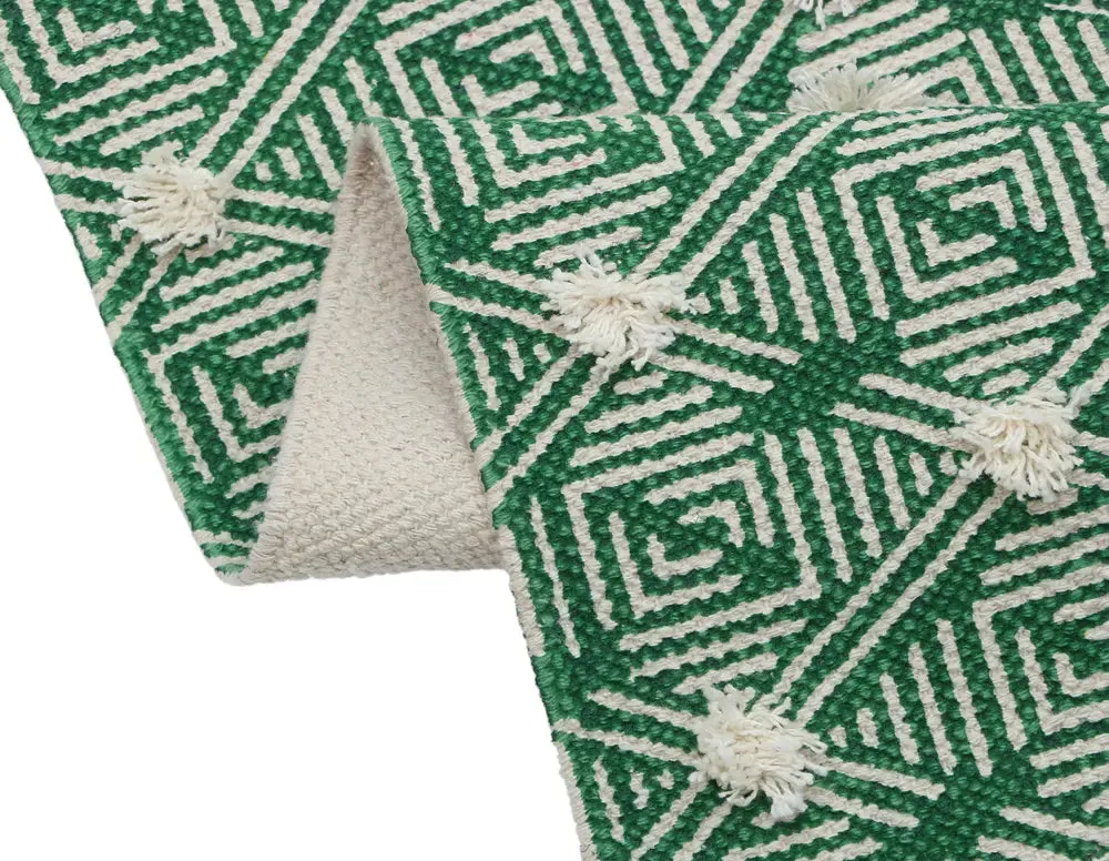 Illusive Geometrical Handmade Tufted Green 100% Cotton Non-Slip Washable Area Rug- 2x3 ft