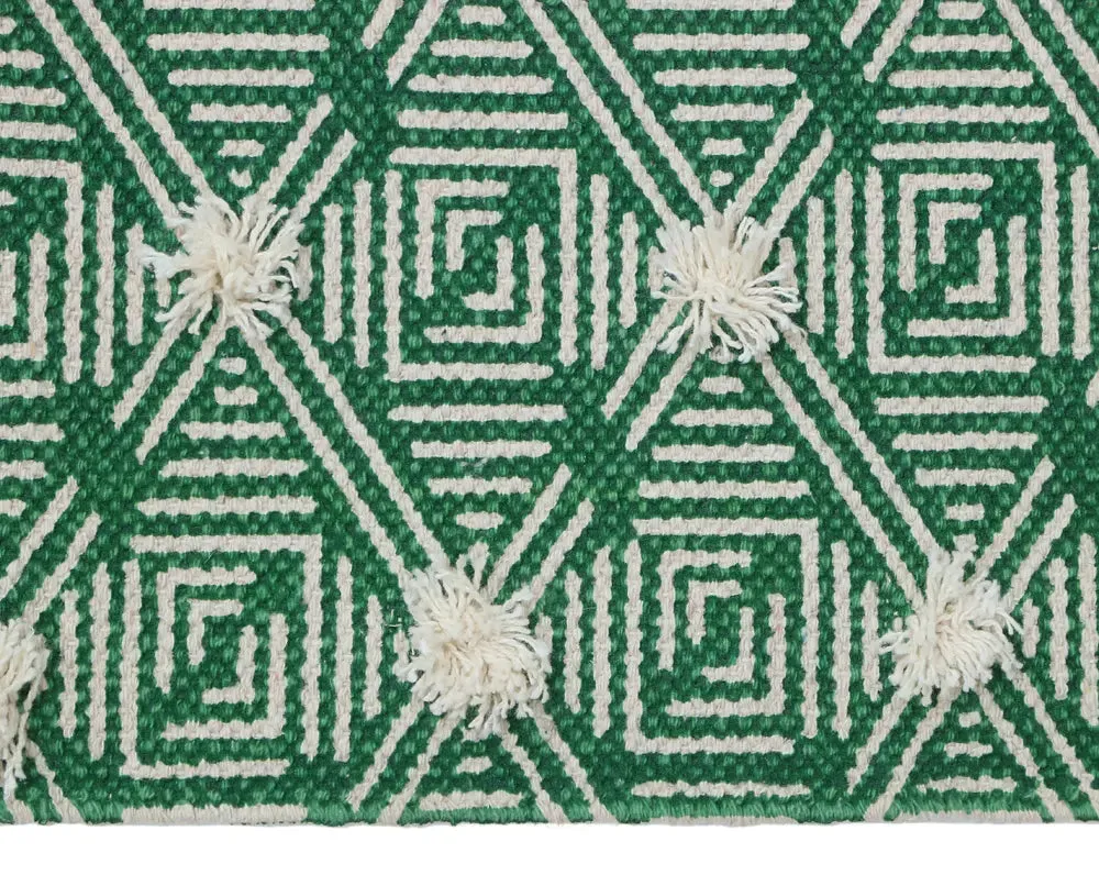 Illusive Geometrical Handmade Tufted Green 100% Cotton Non-Slip Washable Area Rug- 2x3 ft