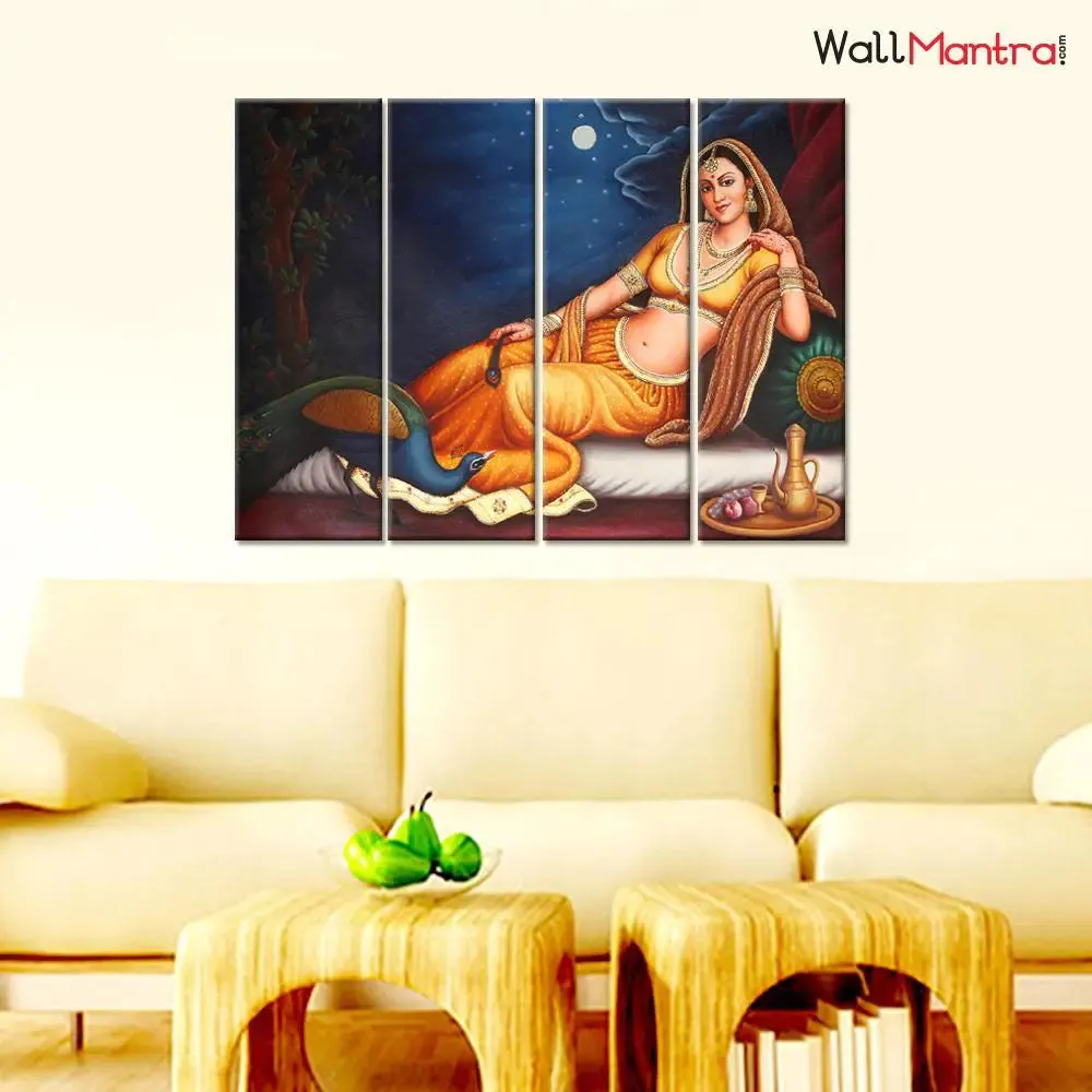 Indian Folk Art Rajasthani Canvas Printed Painting 4 Pieces Wall Painting with Wooden Framed