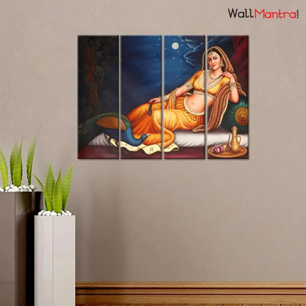 Indian Folk Art Rajasthani Canvas Printed Painting 4 Pieces Wall Painting with Wooden Framed