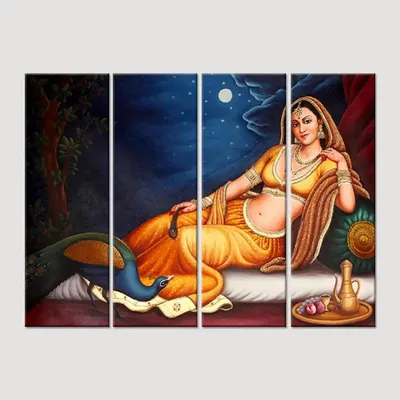 Indian Folk Art Rajasthani Canvas Printed Painting 4 Pieces Wall Painting with Wooden Framed