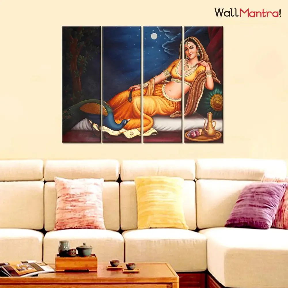 Indian Folk Art Rajasthani Canvas Printed Painting 4 Pieces Wall Painting with Wooden Framed