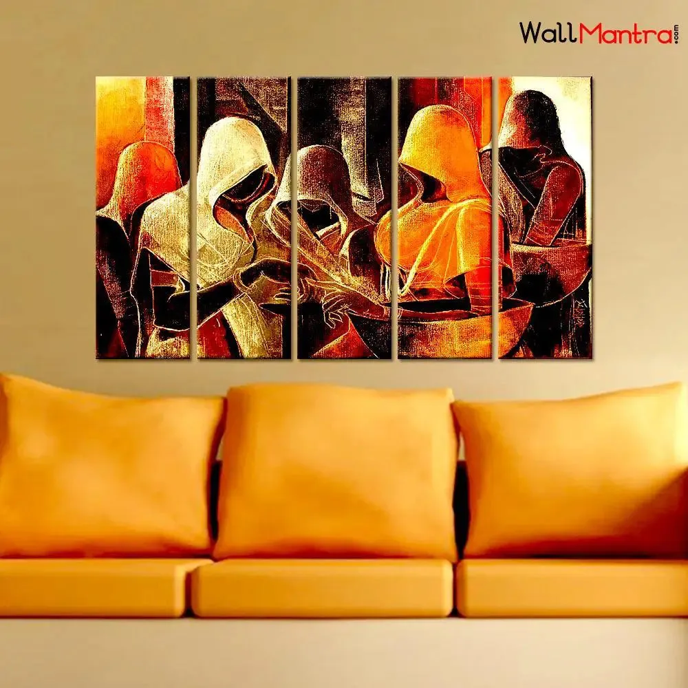 Indian Folk Art Rajasthani village women's Canvas Printed 5 Pieces Wall Painting with Wooden Framed