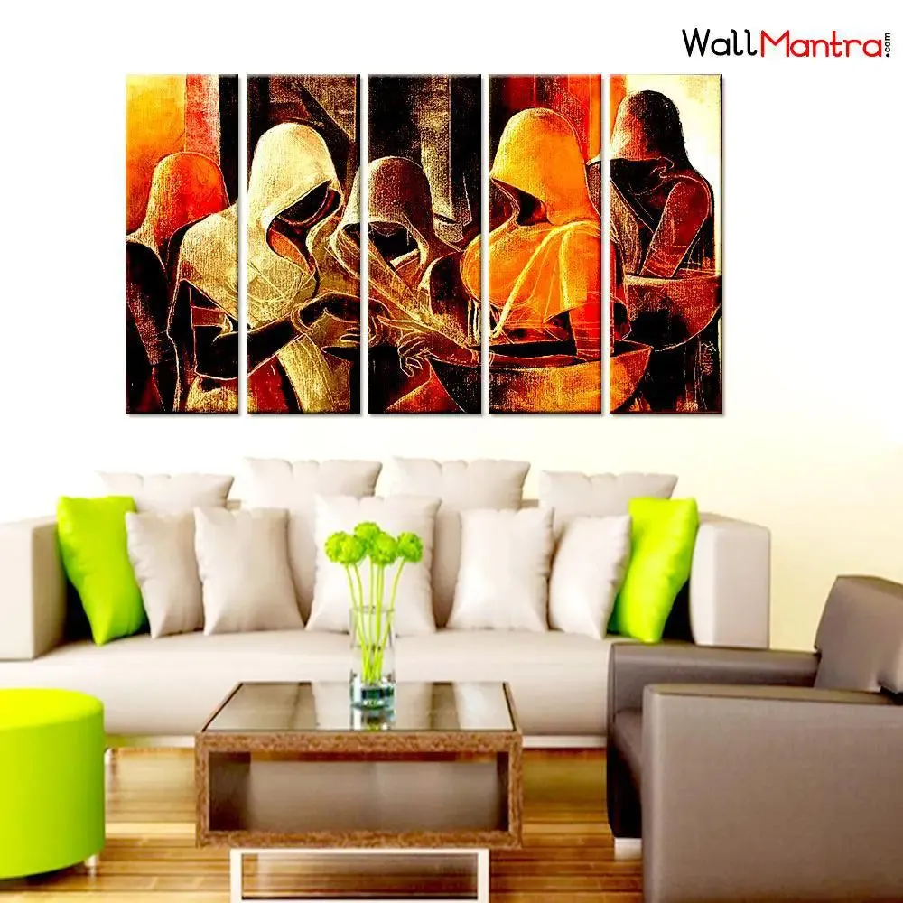 Indian Folk Art Rajasthani village women's Canvas Printed 5 Pieces Wall Painting with Wooden Framed