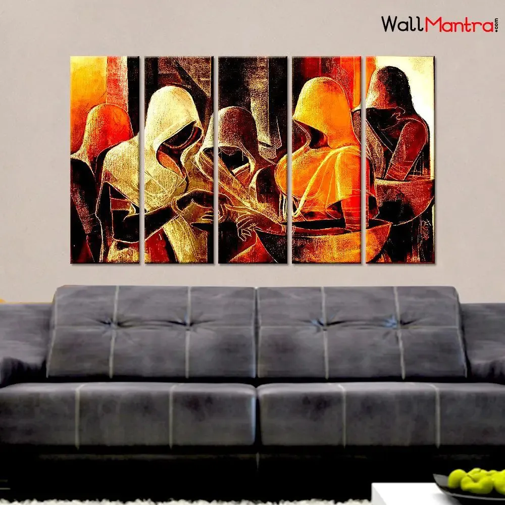 Indian Folk Art Rajasthani village women's Canvas Printed 5 Pieces Wall Painting with Wooden Framed