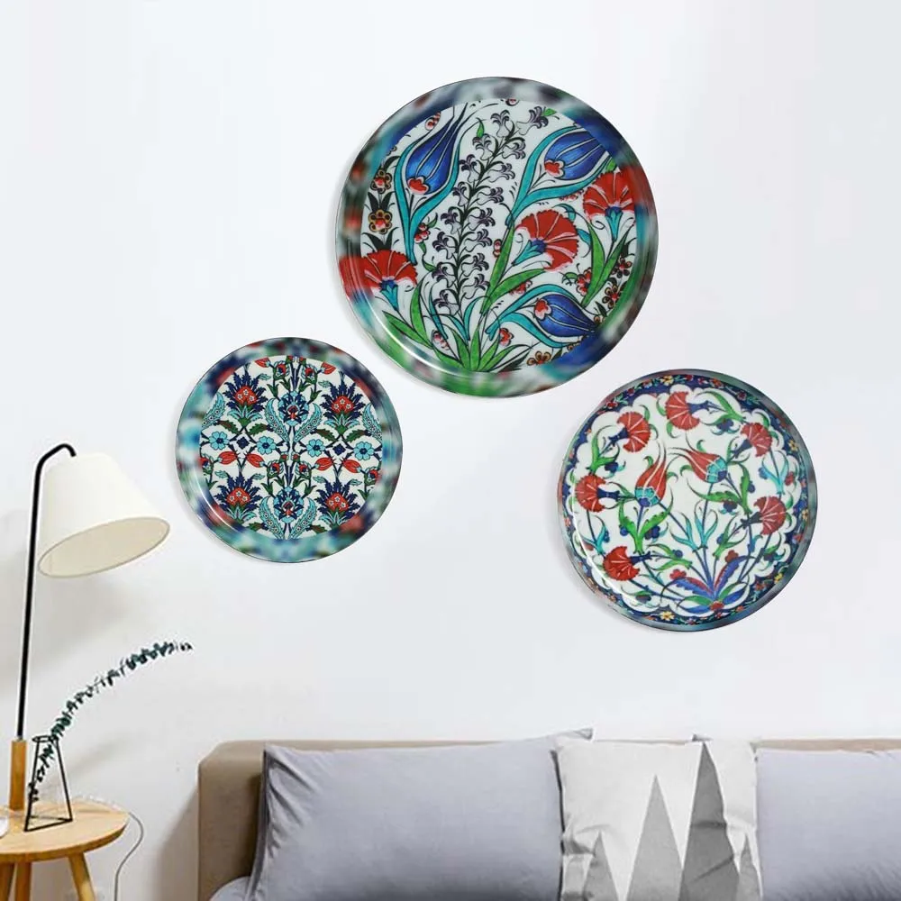 Indigo Tulip Designer Decorative Metal Wall Plate Set of 3