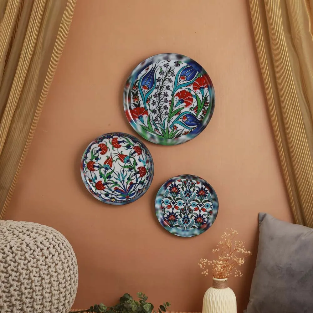 Indigo Tulip Designer Decorative Metal Wall Plate Set of 3