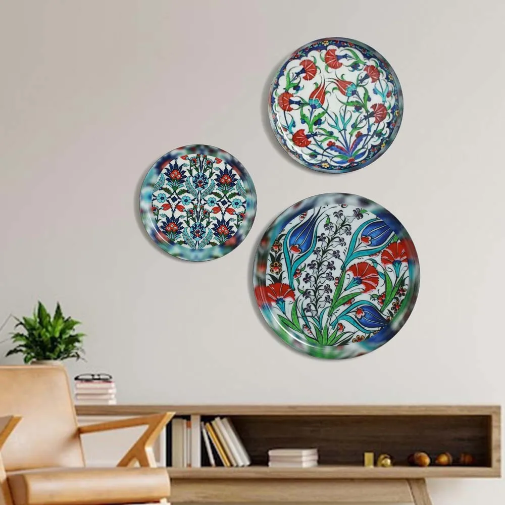 Indigo Tulip Designer Decorative Metal Wall Plate Set of 3