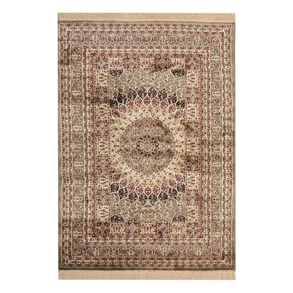 Indo-Islamic Designer Golden Green Luxe Silk Area Carpet 4X6ft