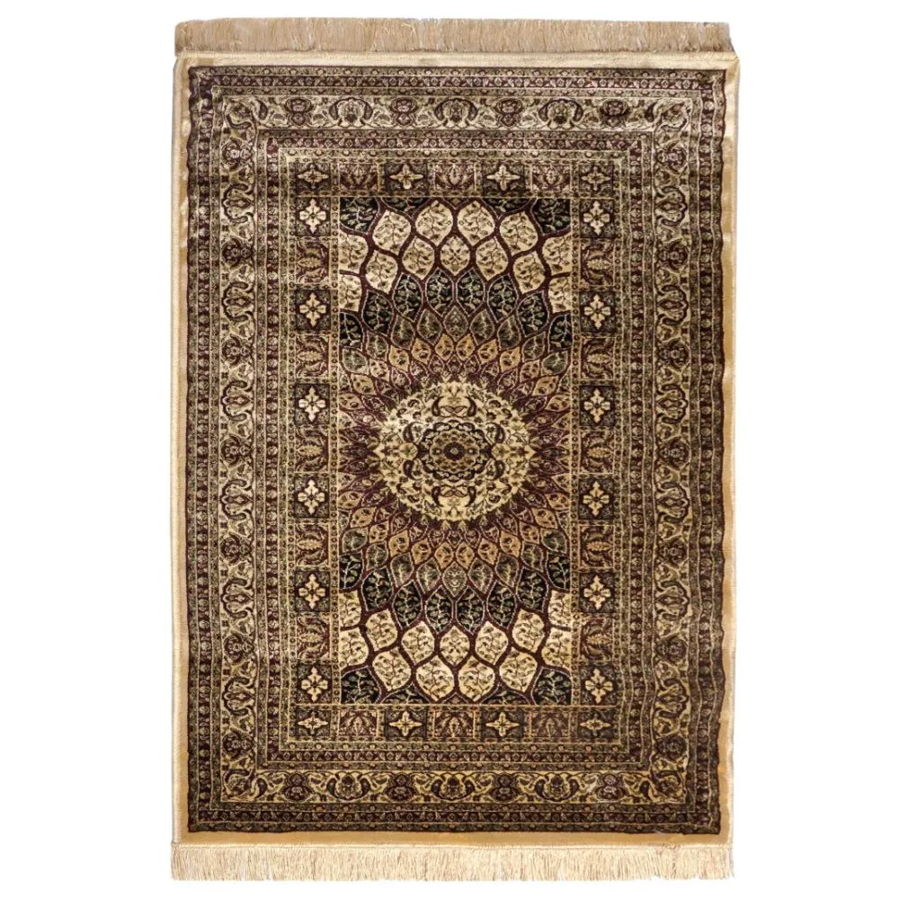 Indo-Islamic Designer Golden Luxe Silk Area Carpet 4X6ft
