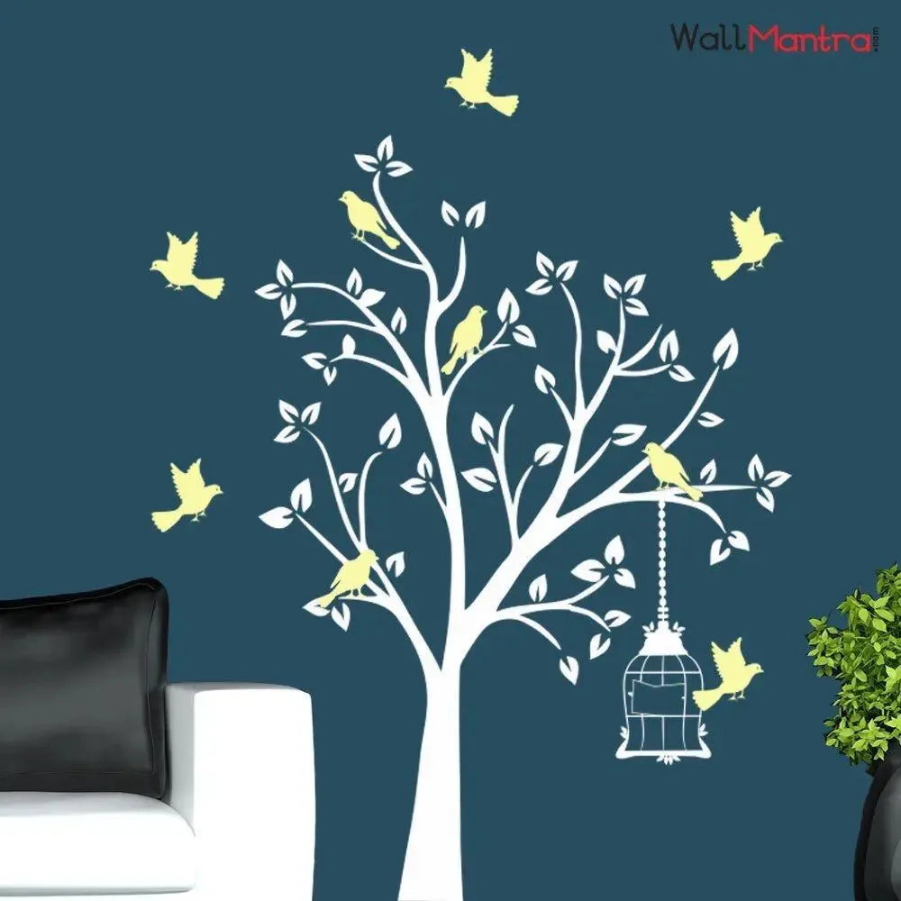 Innovative Bird Tree Wall Sticker In White & Cream Color