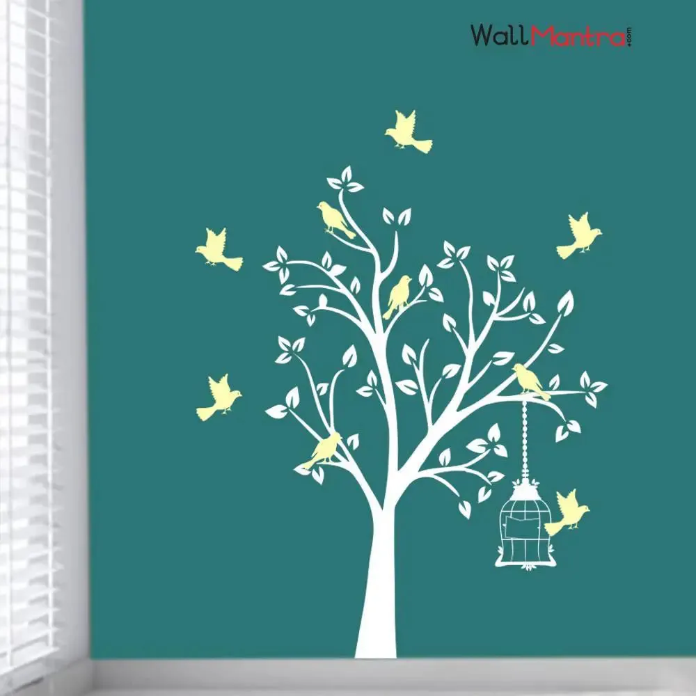 Innovative Bird Tree Wall Sticker In White & Cream Color