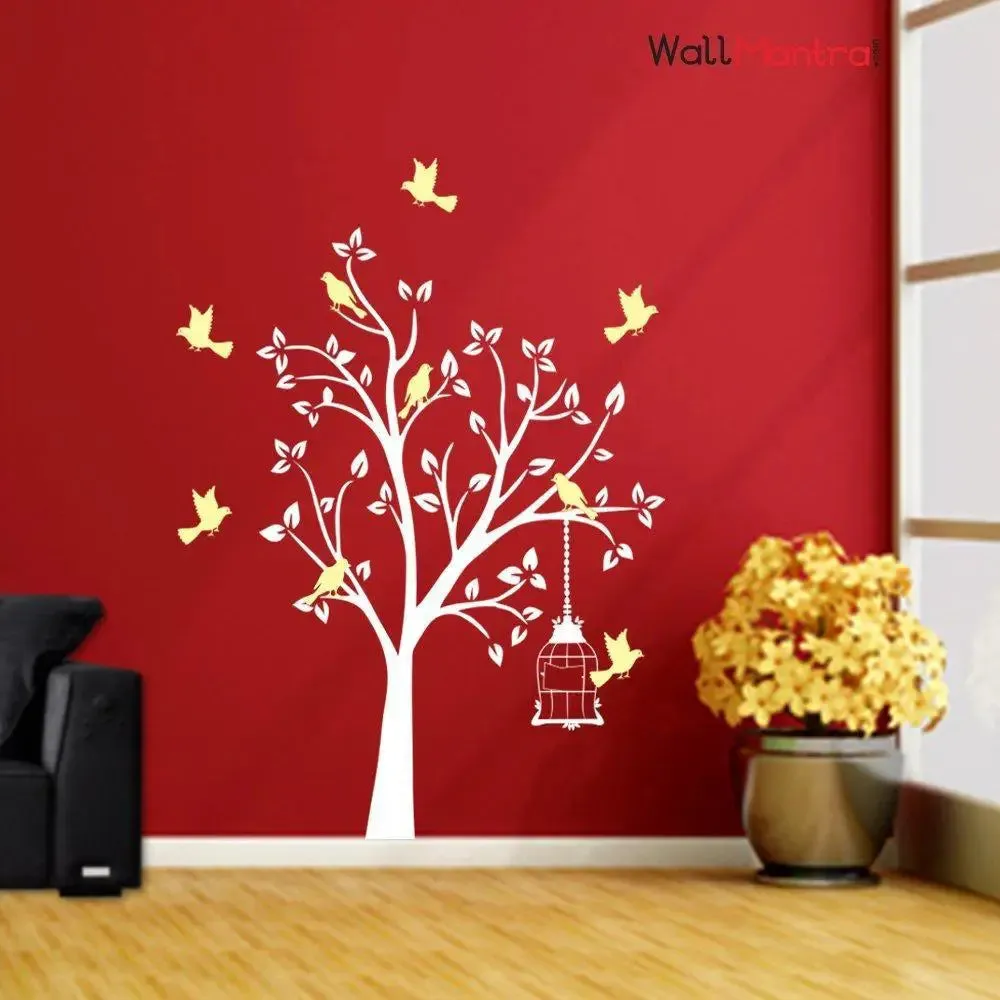Innovative Bird Tree Wall Sticker In White & Cream Color