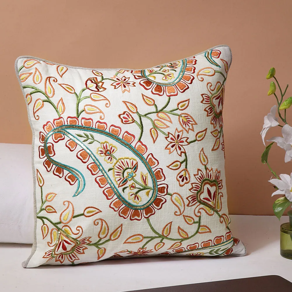 Intricataley Embroidered floral design Light Beige  100% Cotton Cushion Cover Set Of 1