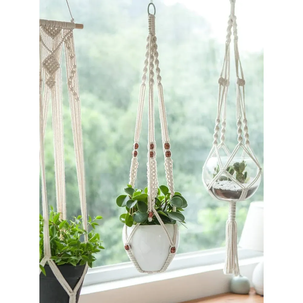 Intricate Designer Brown Beaded Plant Hanger Without Pot Set of 2