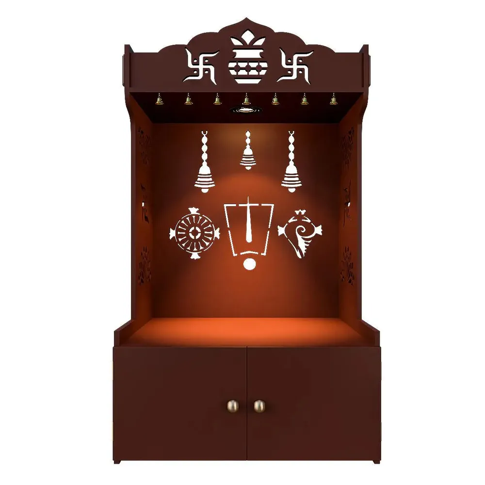 Intricate Detailed Brown Floor Temple with Spacious Shelf &amp; Inbuilt Focus Light - Wooden