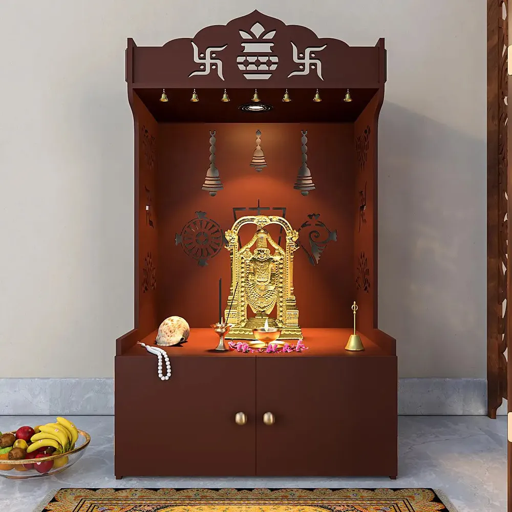 Intricate Detailed Brown Floor Temple with Spacious Shelf &amp; Inbuilt Focus Light - Wooden