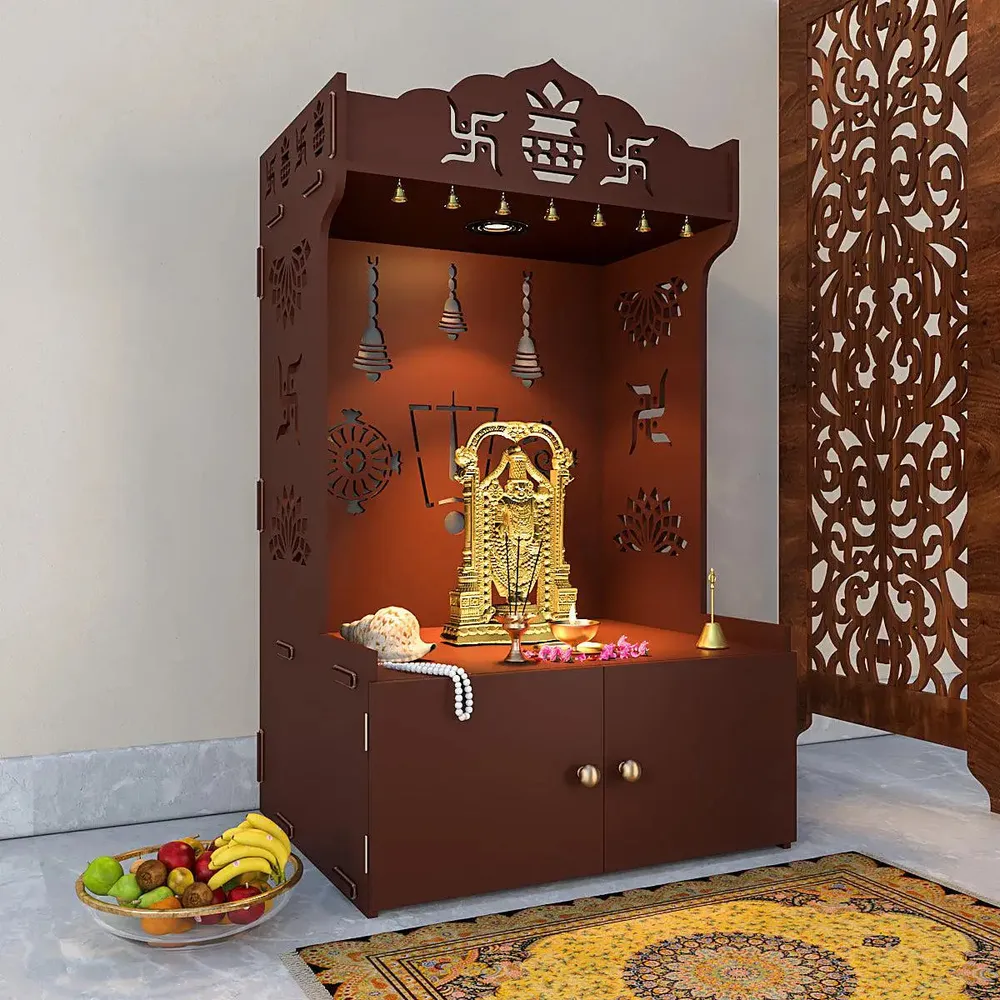 Intricate Detailed Brown Floor Temple with Spacious Shelf &amp; Inbuilt Focus Light - Wooden