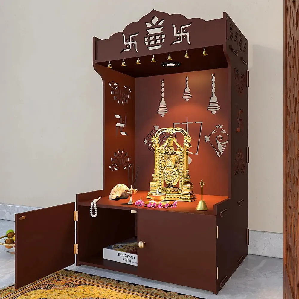 Intricate Detailed Brown Floor Temple with Spacious Shelf &amp; Inbuilt Focus Light - Wooden