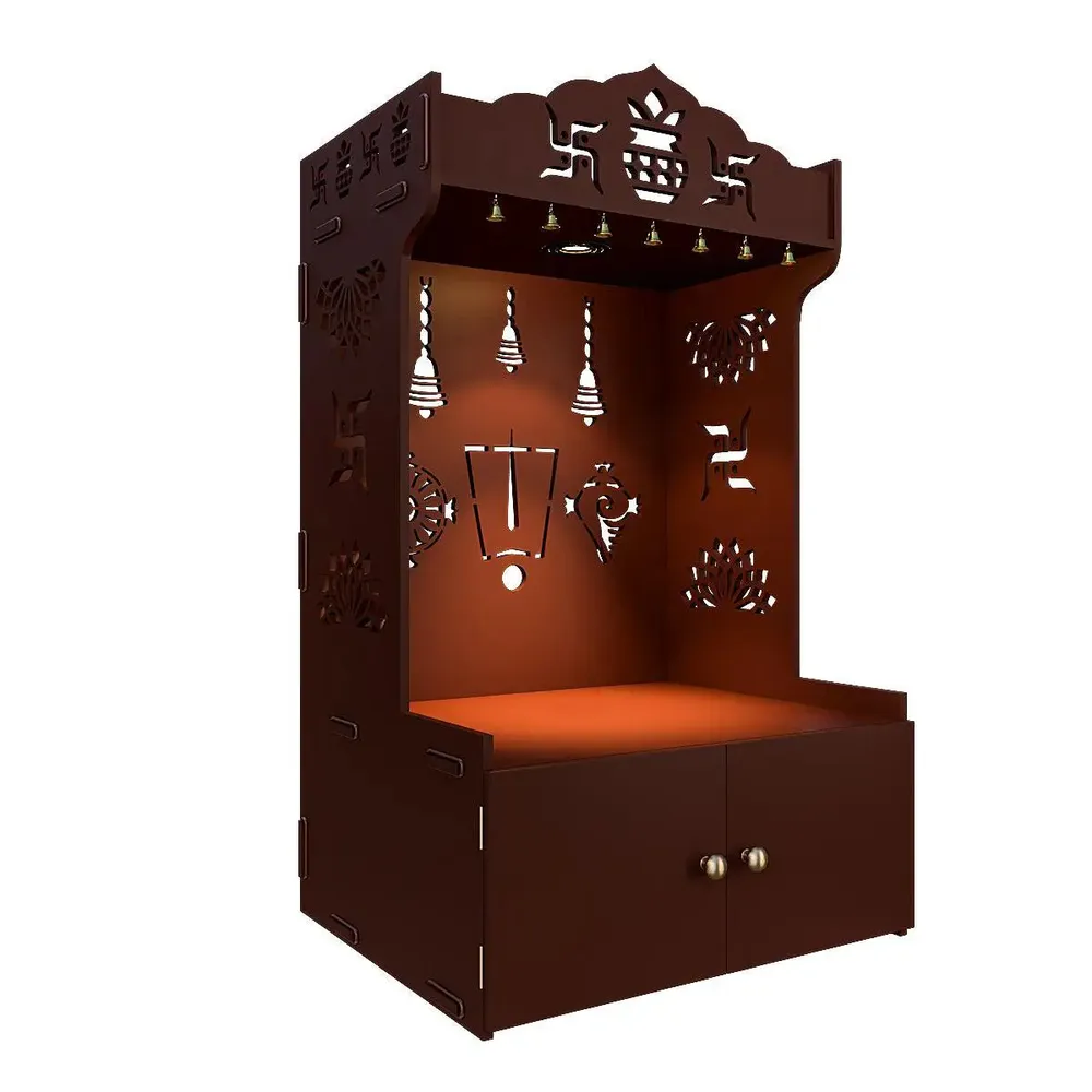 Intricate Detailed Brown Floor Temple with Spacious Shelf &amp; Inbuilt Focus Light - Wooden