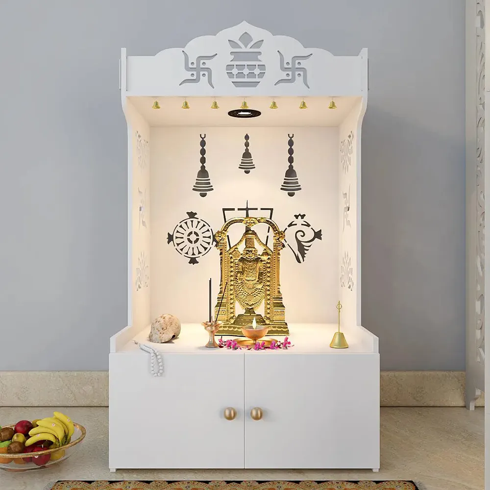 Intricate Detailed White Floor Temple with Spacious Shelf &amp; Inbuilt Focus Light - Wooden