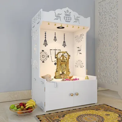 Intricate Detailed White Floor Temple with Spacious Shelf &amp; Inbuilt Focus Light - Wooden
