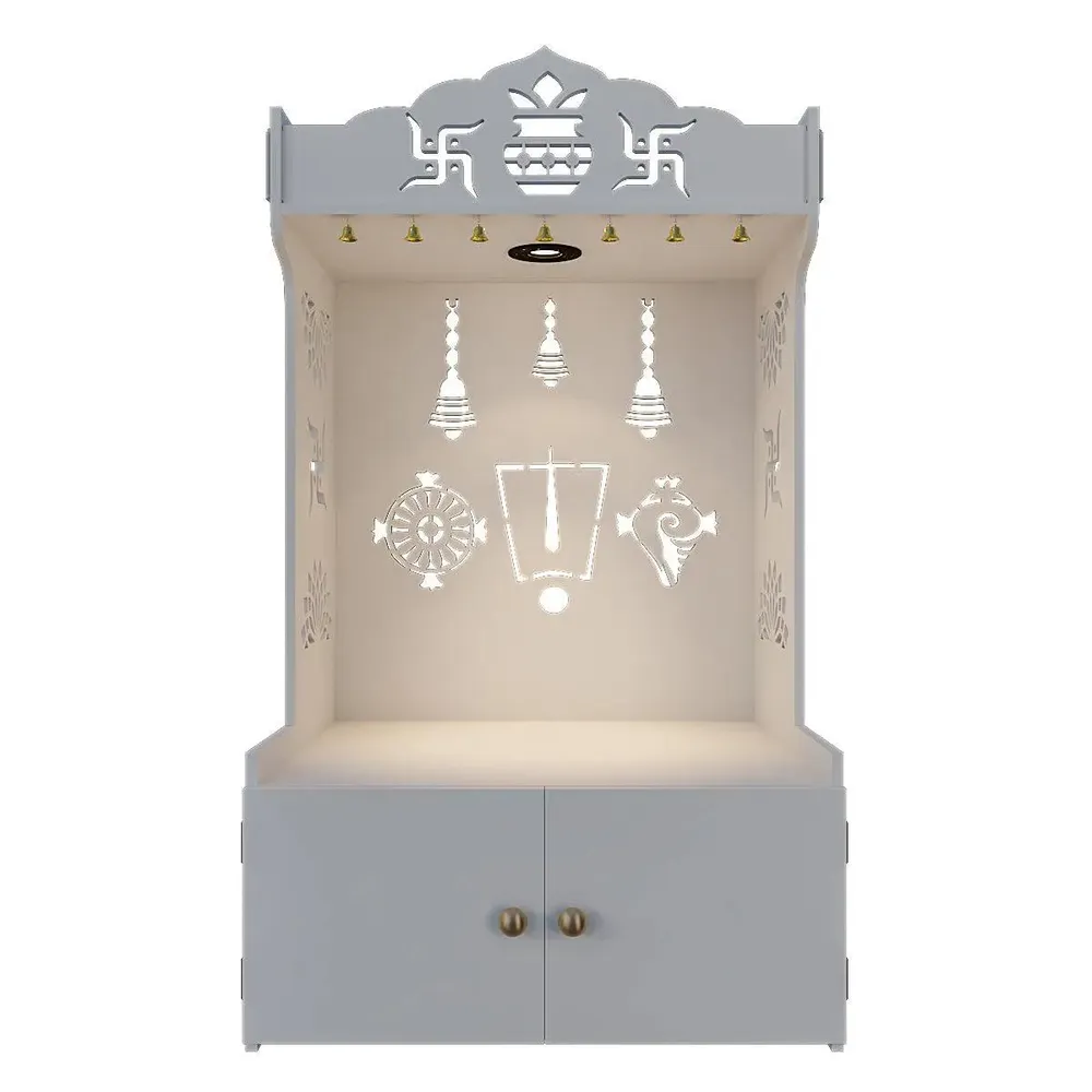 Intricate Detailed White Floor Temple with Spacious Shelf &amp; Inbuilt Focus Light - Wooden