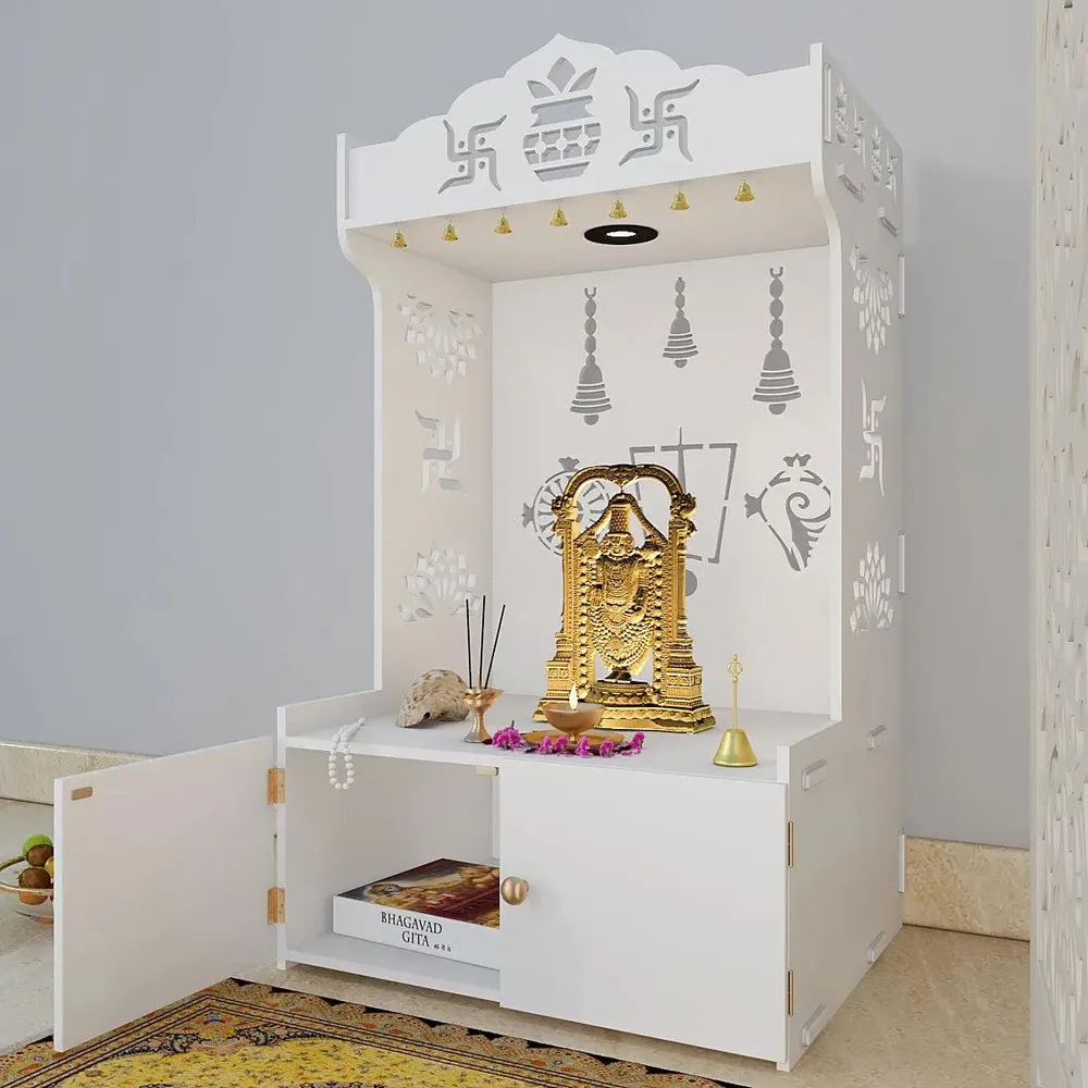 Intricate Detailed White Floor Temple with Spacious Shelf &amp; Inbuilt Focus Light - Wooden