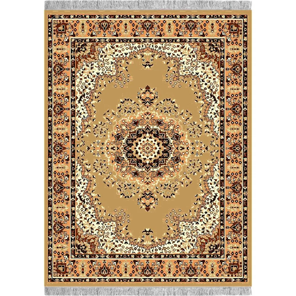Intricate Ethnic Patterned Golden Polyester Area Carpet 3X5ft