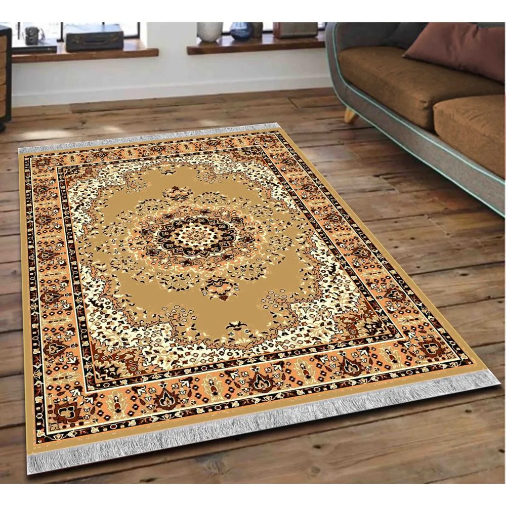 Intricate Ethnic Patterned Golden Polyester Area Carpet 3X5ft