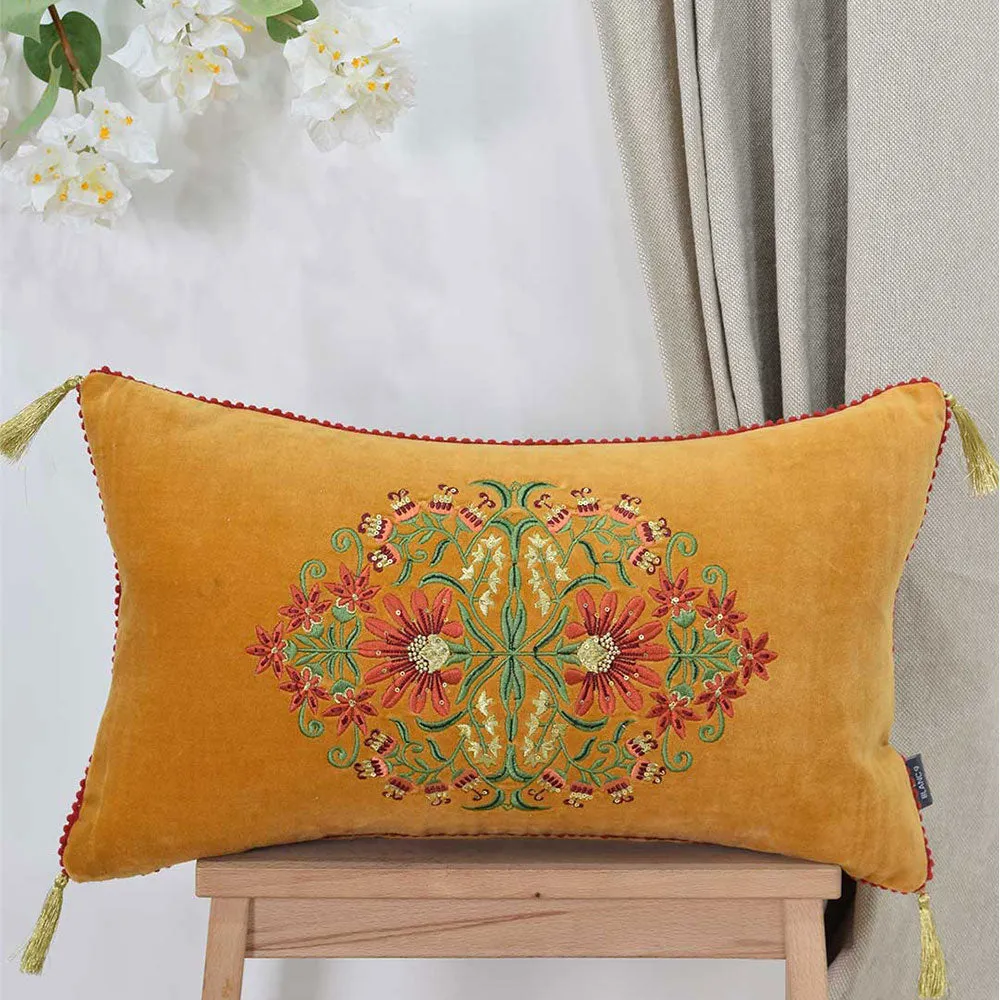 Intricate floral Embroidered Velvet Textured Cushion Cover Set Of 1