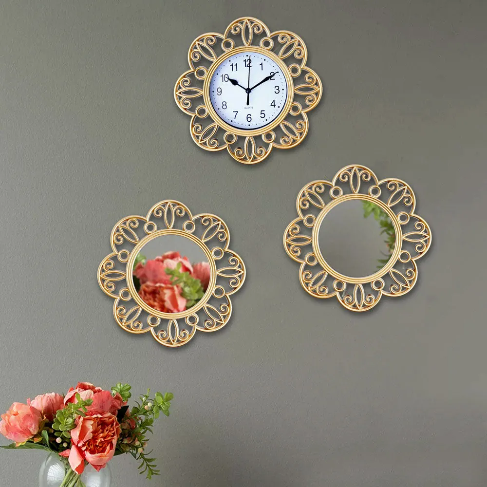 Intricate Handcrafted Golden Floral Patterned Wall Clock & Mirror Set Of 3