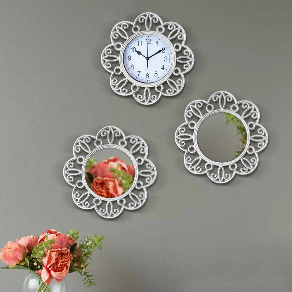 Intricate Handcrafted Silver Floral Patterned Wall Clock & Mirror Set Of 3