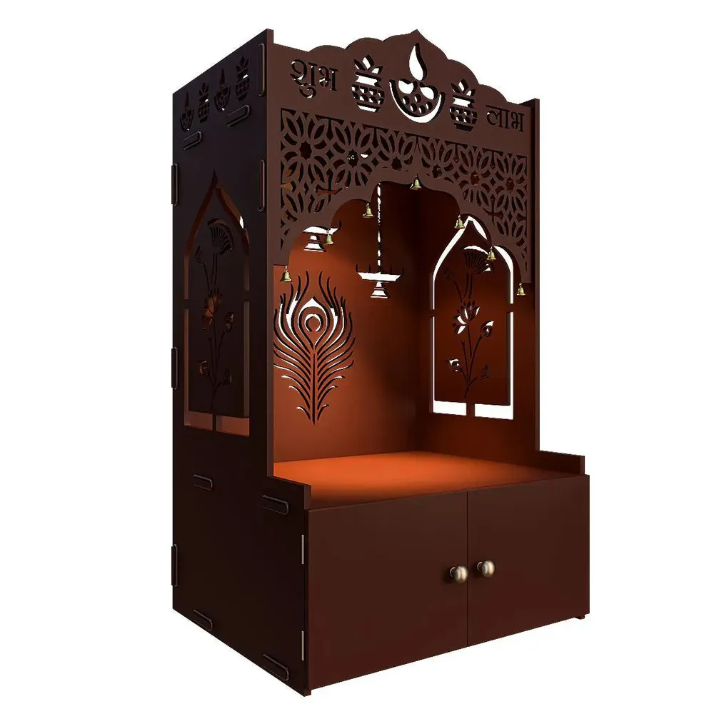 Intricate Jali Wooden Floor Temple with Spacious Shelf &amp; Inbuilt Focus Light- Brown