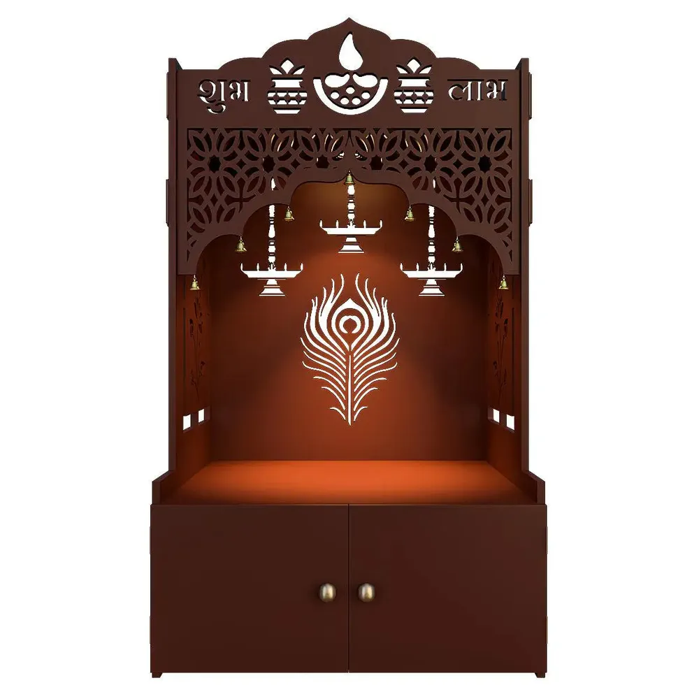 Intricate Jali Wooden Floor Temple with Spacious Shelf &amp; Inbuilt Focus Light- Brown