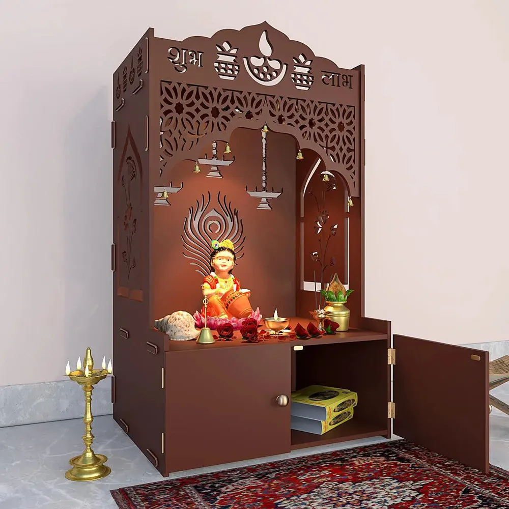Intricate Jali Wooden Floor Temple with Spacious Shelf &amp; Inbuilt Focus Light- Brown